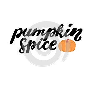 Happy harvest quote pumpkin spice. Hand lettering phrase with autumn color yellow pumpkin. Modern calligraphy. Web element clipart