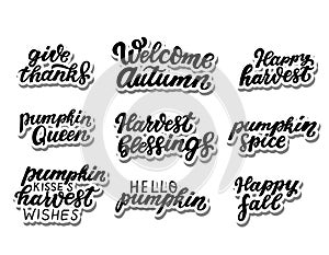 Happy harvest quotes stickers set. Pumpkin kisses harvest wishes. Pumpkin spice. Welcome autumn. Harvest blessings. Hand lettering