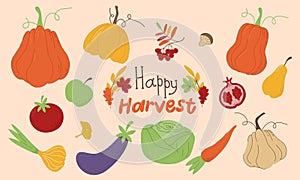 Happy Harvest. Set of Autumn Leaves, Vegetables and Fruits. Banner with inscription, background with leaves and harvest