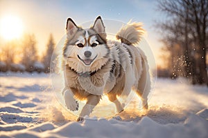 Happy hasky dog run playing in a snow at winter forest. ai generative