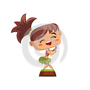 Happy Hawaiian girl dancing hula with maracas in traditional dress vector Illustration on a white background