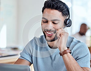 Happy, headset and man in call center for consulting, networking and communication in office. Male telemarketer, smile