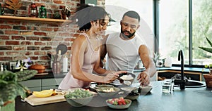 Happy, health and couple with fruit salad in kitchen for healthy, nutrition or diet breakfast. Smile, love and young man