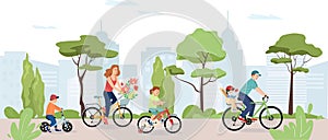 Happy and healthy family characters with kids cycling in summer. Parents with children riding bikes or bicycles together