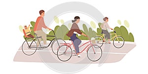 Happy and healthy family with kids cycling in summer. Parents with children riding bikes or bicycles together. Colored