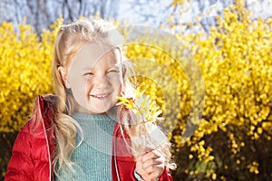 Happy healthy little girl enjoying springtime, space for text. Allergy free concept