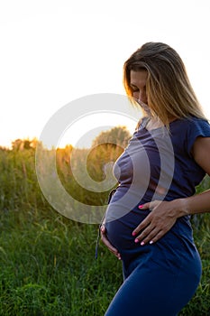 Happy healthy pregnancy and maternity. Portrait of pregnant young caucasian woman wearing long blue dress posing in park