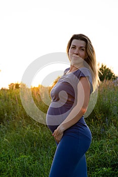 Happy healthy pregnancy and maternity. Portrait of pregnant young caucasian woman wearing long blue dress posing in park