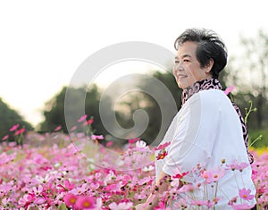 Happy and healthy senior woman standing in cosmos flower garden , smiling and looking away