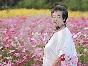 Happy and healthy senior woman standing in cosmos flower garden , smiling and looking at camera