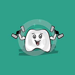 Happy healthy strong white tooth is weightlifting. Dental care concept. Cute character doodle design