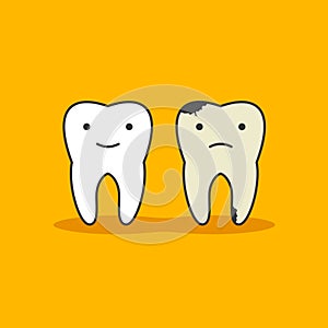 Happy healthy tooth and unhealthy bad tooth with face icon on background. Health, medical or doctor children