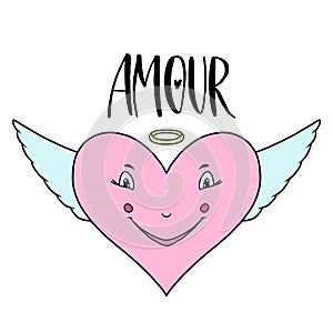 Happy heart character with wings. Angel for valentines messages. Print for kids interior design. Valentine day card. Amour french