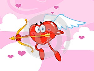 Happy Heart Cupid Cartoon Character Flying With Bow And Arrow