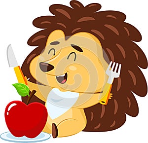 Happy Hedgehog Cartoon Character Is Looking At A Red Apple With A Fork And Knife