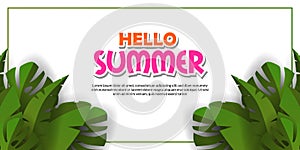 Happy hello summer banner template with illustration of frame tropical green leaves