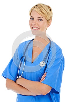 Happy with her career choice. A young smiling female doctor with a stethoscope around her neck.