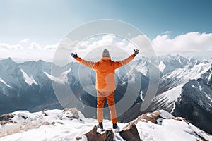 happy hiker celebrating success on the top of a mountain with raised arms, wearing an orange jacket, concept of overcoming a hard