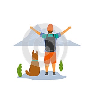 Happy hiker with his dog on top of mountain enjoying view isolated vector photo