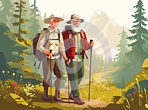 happy hiking couple walking grandfather old active elderly senior trekking. Generative AI.