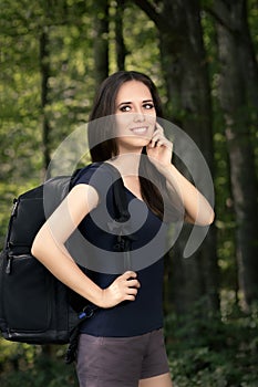 Happy Hiking Girl with Travel Backpack