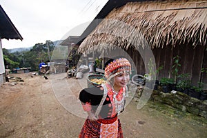Happy hill young woman of hill tribe put some produce of agriculture in her woven basket on her back