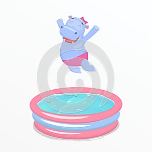 Happy hippo girl jumping into waterpool.