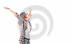 Happy hipster elated woman with arms out raised up isolated on w