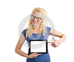 Happy hipster pointing at blank screen computer with one hand