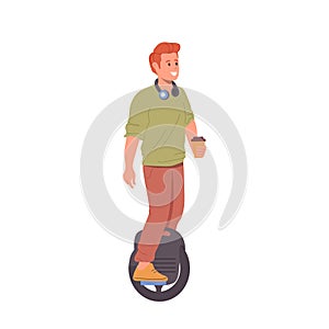 Happy hipster teenager boy riding monocycle electric self balancing scooter isolated on white
