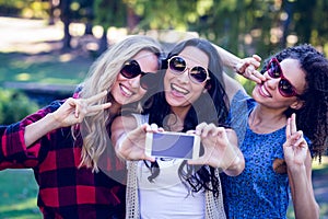 Happy hipsters taking a selfie in the park