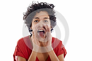 Happy hispanic woman yelling at camera