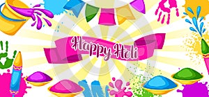 Happy Holi colorful banner. Illustration of buckets with paint, water guns, flags, blots and stains