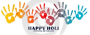 Happy holi colorful hand prints banner design