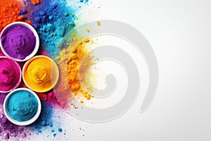 Happy holi festival banner template with holi powder color bowls on white Generative AI