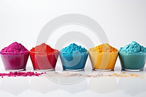 Happy Holi festival banner template with holi powder color bowls on white Generative AI