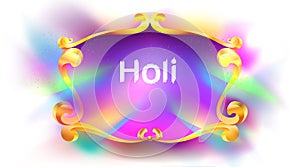 Happy holi festival empty background for card design . Copy spce for text with explosion of powder and traditional carving frame