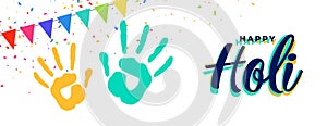 Happy holi hand prints attractive banner design