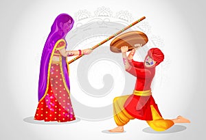 Happy Holi Indian festival. Women beat men with bamboo sticks Lathmar Holi ritual, Lathmar Holi celebration vector illustration