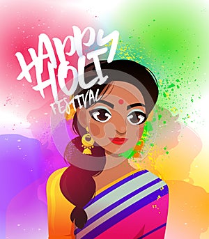 Happy Holi lettering card design with beautiful Indian woman in a sari on the background of colorful gulal.