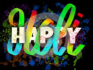 Happy Holi poster with colorful hand lettering and ink blots.