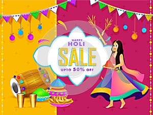 Happy holi sale poste or banner design with beautiful girl character. photo