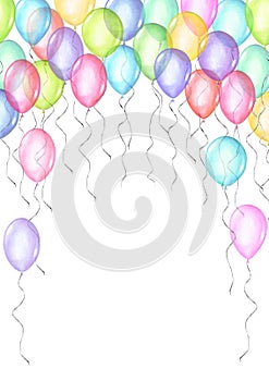 Happy holiday background. Watercolor hand drawn template for greeting cards with balloons