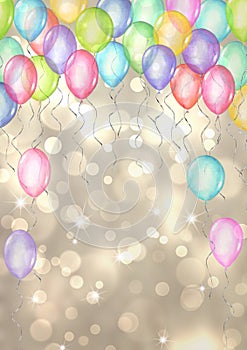 Happy holiday background. Watercolor hand drawn template for greeting cards with balloons on bokeh background