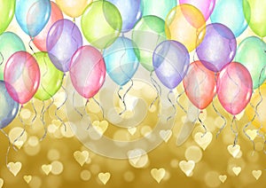 Happy holiday background. Watercolor hand drawn template for greeting cards with balloons on bokeh background
