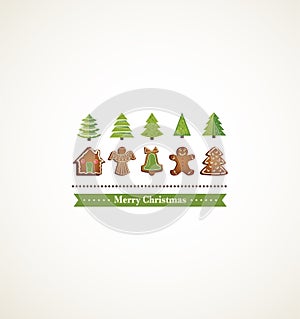 Happy holiday card with christmas trees and gingerbread cookies