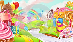 Happy holiday. Cupcake, gift box. Sweet landscape, vector background