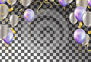Happy holiday frame background with colorful balloon, gifts, confetti, carnival cap and streamer. Flat lay. Top view. Birthday