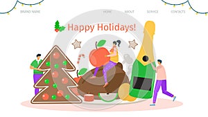 Happy holiday, vector illustration. Christmas celebration for cartoon people man woman character, festive new year party