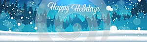 Happy Holidays Banner Background Winter Forest Landscape Night Falling Snow Pine Trees Woods